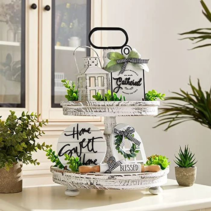 Houmury Set of 17 Farmhouse Tiered Tray with 1 Lantern Artificial Plant& Cutting Board Sign for Rustic Home Sweet Home Kitchen Decor Tier Tray Decor Set by Houmury - Image 2