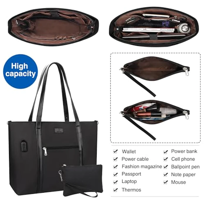 Laptop Tote Bag for Women 17.3 Inch Laptop Bag with Wristlet Wallet Large Teacher Tote Bag Waterproof Nylon Work Bag Computer Tote Bag Handbag Satchel Shoulder Bag (2pcs) by TANTO - Image 2