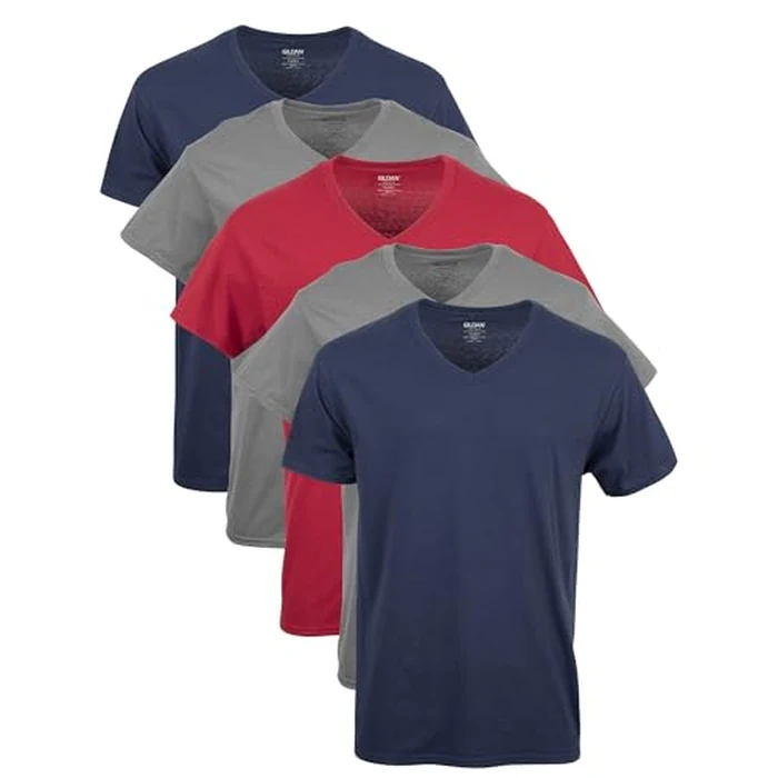 Gildan Men's V-Neck T-Shirts, Multipack, Style G1103, Navy/Charcoal/Cardinal Red (5-Pack), 2X-Large by Gildan - Used - Like New condition