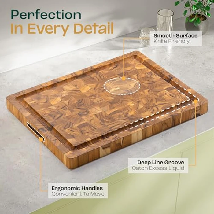 Yes4All Large Teak Cutting Boards for Kitchen, 20"x15"x1.5" End Grain Butcher Block with Food-Friendly Surface, Durable Wood Chopping Board with Juice Grooves and Easy-Grip Handle for Home Prep by Yes4All - Image 3