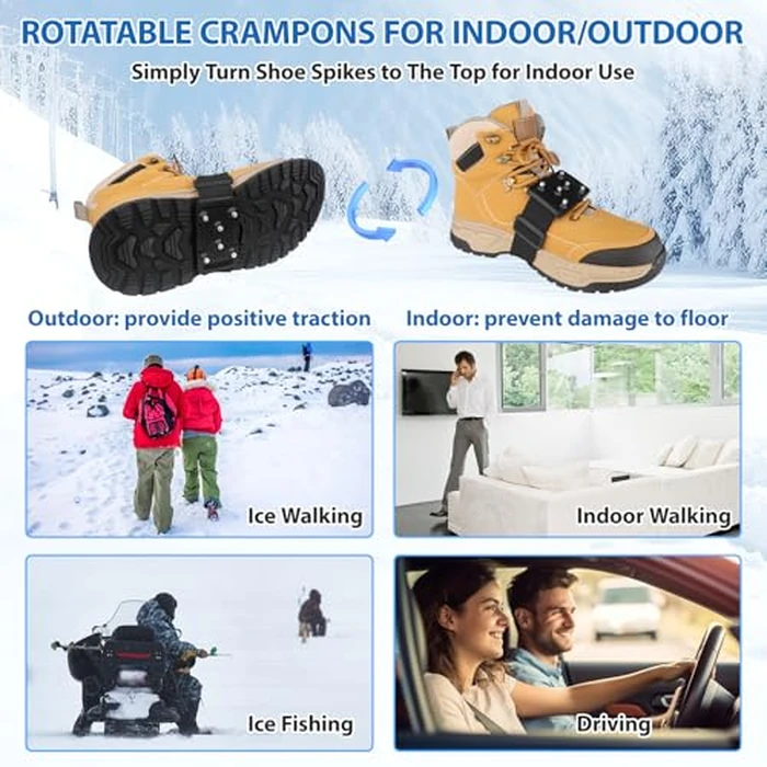 SYOURSELF 2 Pairs Ice Cleats Crampons for Winter Boots, Rotatable Anti Slip Shoe Grip for Women & Men, 6 Tungsten Spikes Traction Ice Cleats with Adjustable Straps for Hiking, Indoor, Outdoor(Black) by SYOURSELF - Image 3