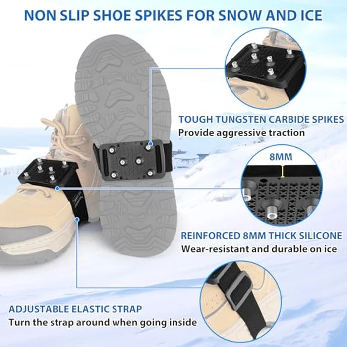 SYOURSELF 2 Pairs Ice Cleats Crampons for Winter Boots, Rotatable Anti Slip Shoe Grip for Women & Men, 6 Tungsten Spikes Traction Ice Cleats with Adjustable Straps for Hiking, Indoor, Outdoor(Black) by SYOURSELF - Image 4