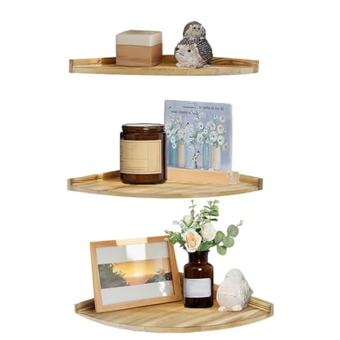 3 Layer Corner Shelf Wall Mounted with Cord Hole 12x12 Inch Wood Floating Corner Shelves for Wall Mount Shelf for Bedroom Bookshelf Office Decor Home Kitchen Bathroom Living Room (12", Tier, 3) by Yfiesuzk - Image 1