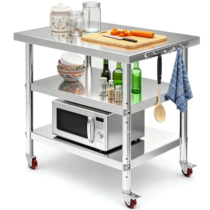 DWVO 30x24in Stainless Steel Table, NSF Metal Prep Worktable with 2 Adjustable Shelves & Wheels for Kitchen Restaurant Hotel Garage Warehouse Home by DWVO - Used - Like New condition - US$106.66