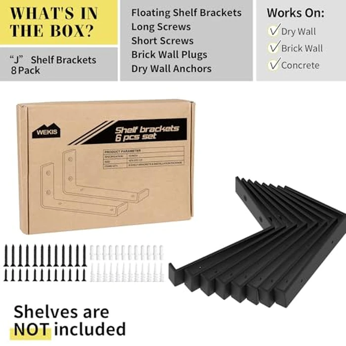 Shelf Bracket, Heavy Duty Floating Shelf Brackets 10-Inch Long, 8-Pack Brackets for Shelves, Black Coated J Shape Metal Wall Shelf Support Brackets with 1/5-Inch Thick and 160 lb. Load Capacity by WEKIS - Image 2