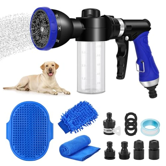 Pet Bathing Sprayer Kit,10 Spray Patterns, Adjustable Hose Wash Sprayer with 4 to 8 Bars Foam Blaster,Suitable for Pet Washing, Car Cleaning and Garden Use with 1/2” Quick Connector by PWEZON - Used - Very Good condition - US$16.18