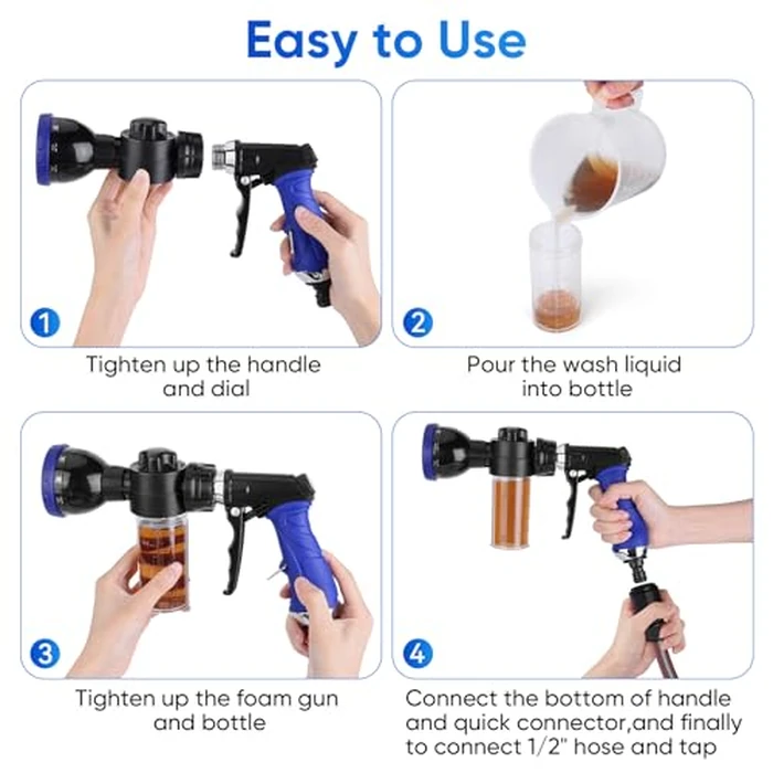 Pet Bathing Sprayer Kit,10 Spray Patterns, Adjustable Hose Wash Sprayer with 4 to 8 Bars Foam Blaster,Suitable for Pet Washing, Car Cleaning and Garden Use with 1/2” Quick Connector by PWEZON - Image 4