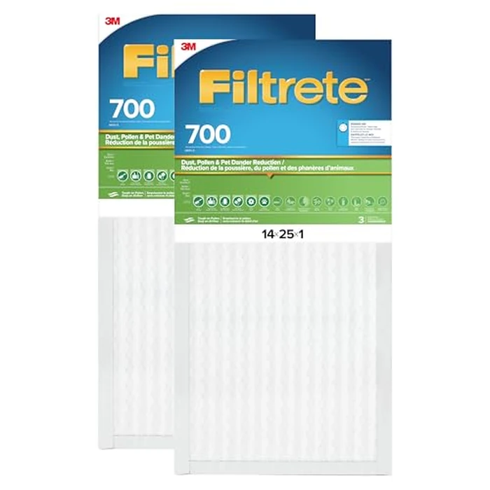 Filtrete 14x25x1 AC Furnace Air Filter, MPR 700, MERV 8, Tough on Pollen, Easy on Airflow, 3-Month Pleated 1-Inch Electrostatic Air Cleaning Filter, 2-Pack (Actual Size 13.81 x 24.81 x 0.78 in) by Filtrete - Used - Very Good condition - CA$18.01