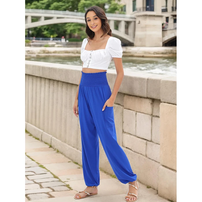 QIANXIZHAN Women's Harem Pants, High Waist Yoga Boho Trousers with Pockets Blue M by QIANXIZHAN - Image 3
