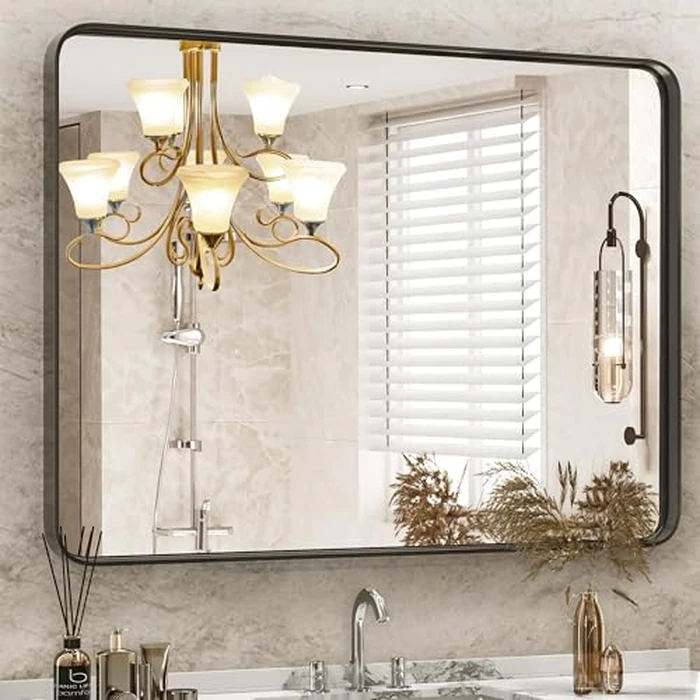 DUMOS Black Vanity Bathroom Mirror for Wall, Metal Framed Rounded Rectangular Modern Mirrors for Over Sink, 30x40 Inch for Farmhouse, Tempered Glass, Hangs Horizontally or Vertically by DUMOS - Used - Good condition