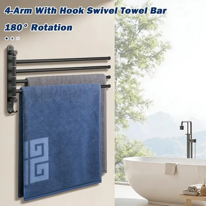 NearMoon Swivel Towel Rack, 19.5" Thicken 304 Stainless Steel 4-Arm Towel Bar, Space Saving Wall Mounted Towel Holder with Hook, Rustproof Swing Out Towel Hanger for Bathroom, Kitchen (Matte Black) by NearMoon - Image 3