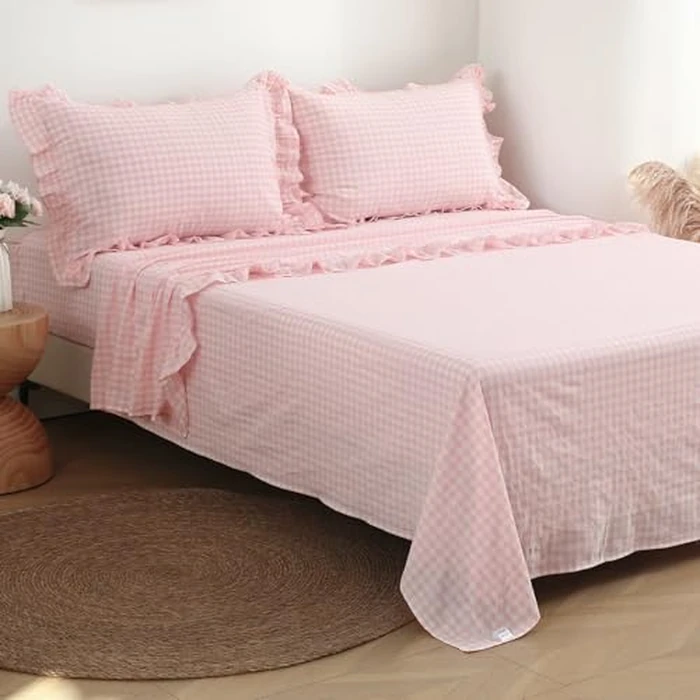 K MASANIJI Peach Blush White Plaid Ruffle Gingham Sheets Queen Size 4-Piece Set, 300TC 100% Yarn Dyed Cotton Sheets 18 in Deep Pocket Decorative Bedding (Blush/White Plaid, Queen) by K MASANIJI - Image 1