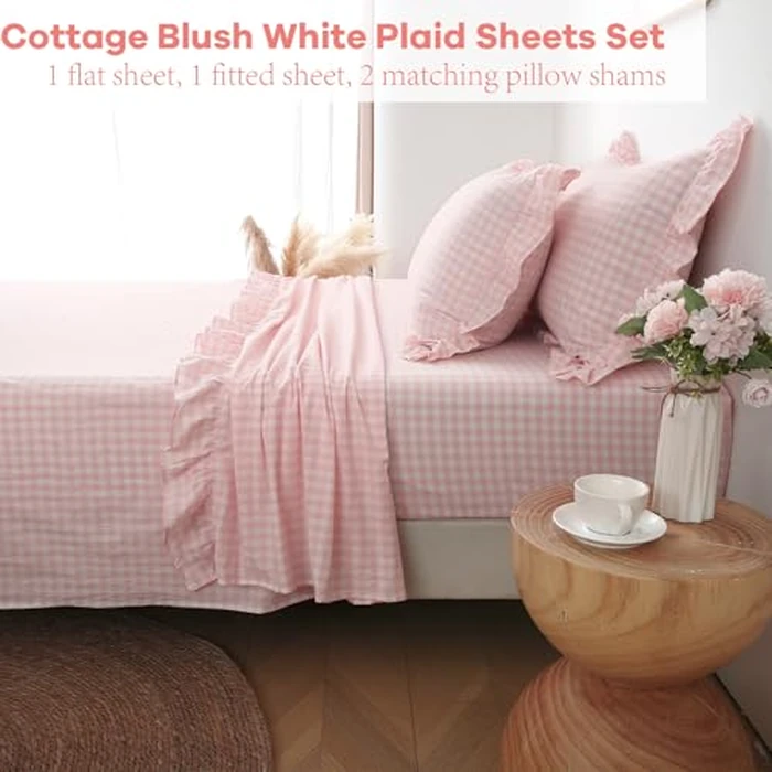 K MASANIJI Peach Blush White Plaid Ruffle Gingham Sheets Queen Size 4-Piece Set, 300TC 100% Yarn Dyed Cotton Sheets 18 in Deep Pocket Decorative Bedding (Blush/White Plaid, Queen) by K MASANIJI - Image 2