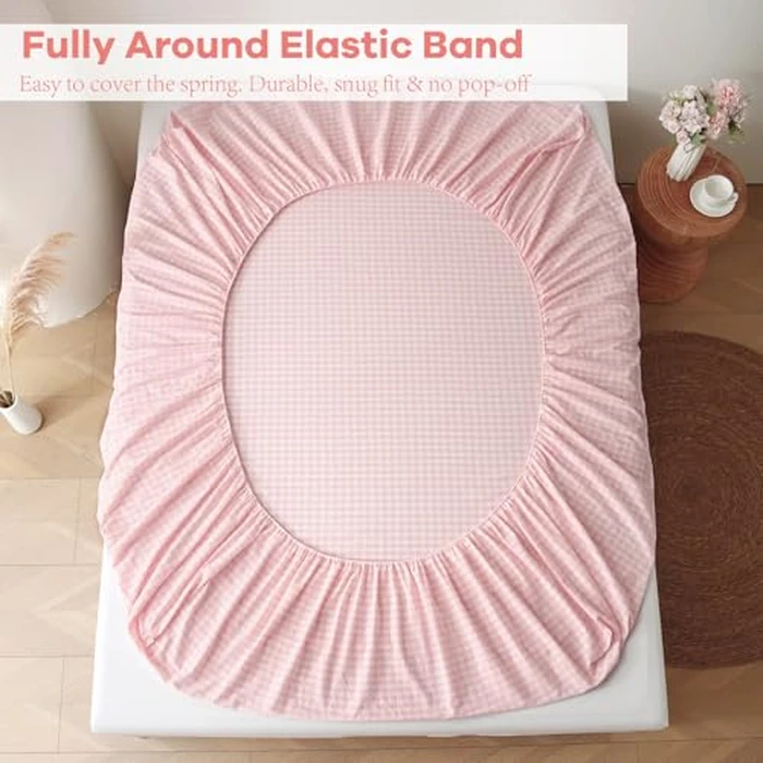 K MASANIJI Peach Blush White Plaid Ruffle Gingham Sheets Queen Size 4-Piece Set, 300TC 100% Yarn Dyed Cotton Sheets 18 in Deep Pocket Decorative Bedding (Blush/White Plaid, Queen) by K MASANIJI - Image 4