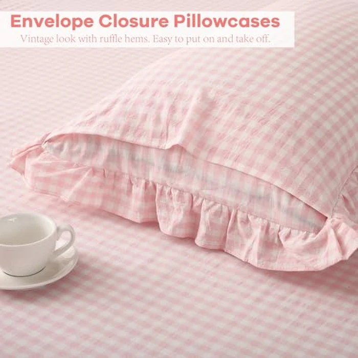 K MASANIJI Peach Blush White Plaid Ruffle Gingham Sheets Queen Size 4-Piece Set, 300TC 100% Yarn Dyed Cotton Sheets 18 in Deep Pocket Decorative Bedding (Blush/White Plaid, Queen) by K MASANIJI - Image 6