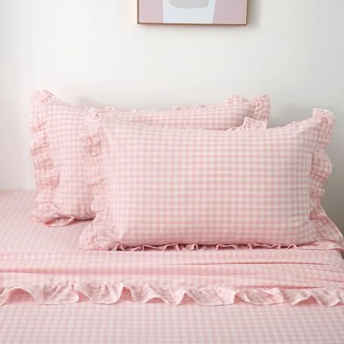 K MASANIJI Peach Blush White Plaid Ruffle Gingham Sheets Queen Size 4-Piece Set, 300TC 100% Yarn Dyed Cotton Sheets 18 in Deep Pocket Decorative Bedding (Blush/White Plaid, Queen) by K MASANIJI - Image 8