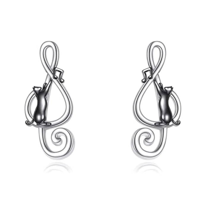URONE Black Cat Earrings 925 Sterling Silver Music Note Stud Earrings Cat Jewelry Gifts for Women by URONE - Used - Like New condition