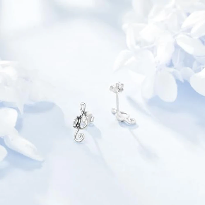 URONE Black Cat Earrings 925 Sterling Silver Music Note Stud Earrings Cat Jewelry Gifts for Women by URONE - Image 4