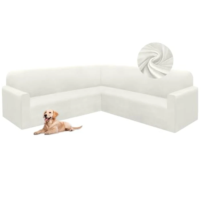HDCAXKJ Corner Sectional Couch Covers Velvet Stretch L Shape Sofa Cover Soft Thick Sectional Slipcovers Set U Shaped Living Room Non Slip Magic Furniture Protector for Pet Dogs (Ivory White, X-Large) by HDCAXKJ - Image 1
