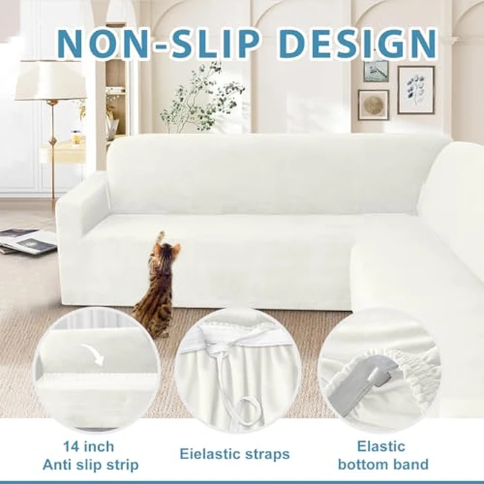 HDCAXKJ Corner Sectional Couch Covers Velvet Stretch L Shape Sofa Cover Soft Thick Sectional Slipcovers Set U Shaped Living Room Non Slip Magic Furniture Protector for Pet Dogs (Ivory White, X-Large) by HDCAXKJ - Image 4