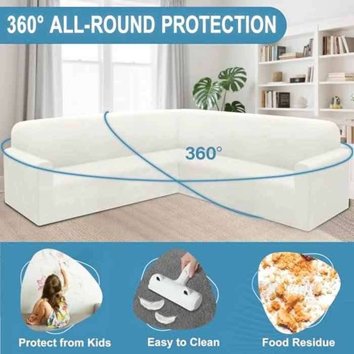 HDCAXKJ Corner Sectional Couch Covers Velvet Stretch L Shape Sofa Cover Soft Thick Sectional Slipcovers Set U Shaped Living Room Non Slip Magic Furniture Protector for Pet Dogs (Ivory White, X-Large) by HDCAXKJ - Image 5