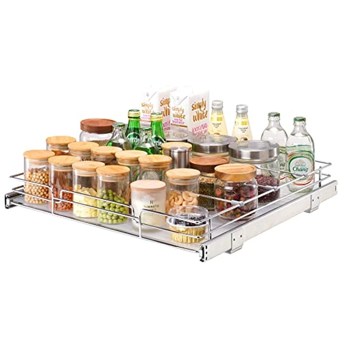 VEVOR 21.5"Wx21"Dx3.5"H Pull Out Cabinet Organizer, Heavy Duty Slide Out Pantry Shelves, Chrome-Plated Steel Roll Out Drawers, Storage for Home, Under Sink,22.5"Wx22"Dx7"H Install Size for Cabinet by VEVOR - Used - Good condition