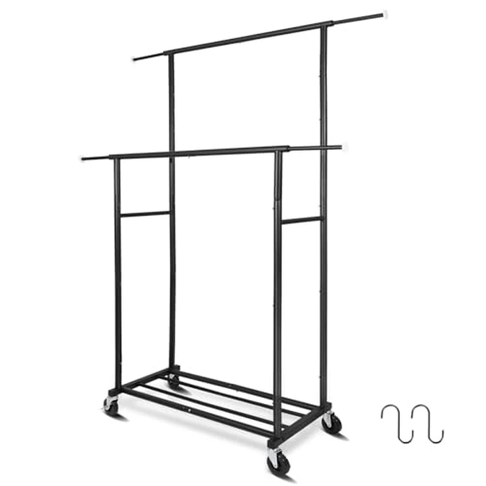 Fishat Stand Portable Black Double Rods Garment Clothes Rack with Rolling and Lockable Wheels Mobile, 48" W x 15" D x 67" H, Metal Simple Hanging Clothes with 2 Hook by Fishat - Used - Very Good condition