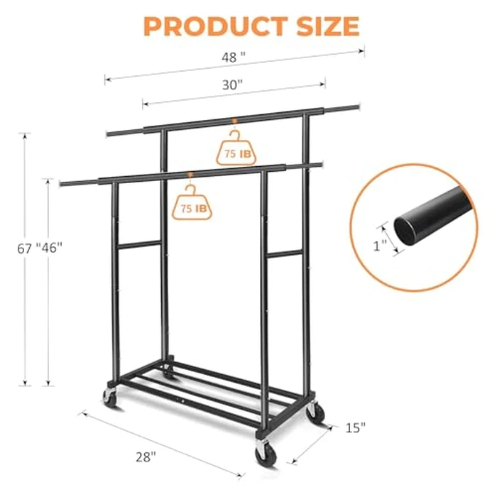 Fishat Stand Portable Black Double Rods Garment Clothes Rack with Rolling and Lockable Wheels Mobile, 48" W x 15" D x 67" H, Metal Simple Hanging Clothes with 2 Hook by Fishat - Image 4