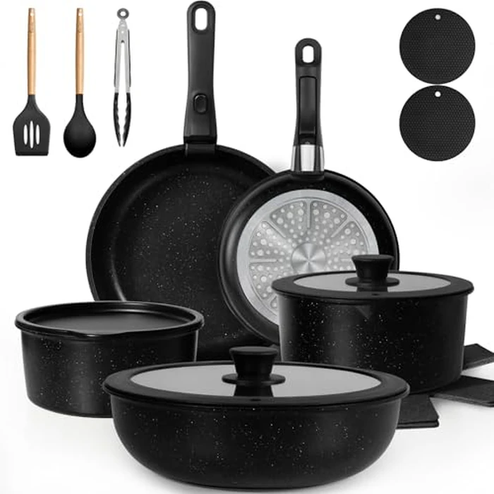 KIKCOIN 20 Pcs Pots and Pans Set Non Stick, Detachable Handle Cookware Sets Nonstick, Non Toxic Induction RV Kitchen Cooking Set with Removable Handles, Dishwasher/Oven Safe, Easy Clean (Black) by Kikcoin - Used - Like New condition - US$66.49