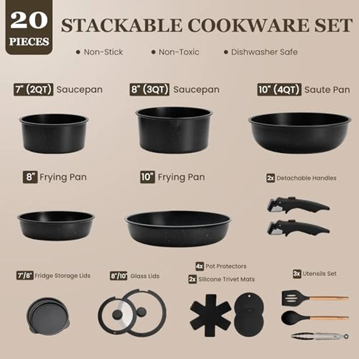 KIKCOIN 20 Pcs Pots and Pans Set Non Stick, Detachable Handle Cookware Sets Nonstick, Non Toxic Induction RV Kitchen Cooking Set with Removable Handles, Dishwasher/Oven Safe, Easy Clean (Black) by Kikcoin - Image 2