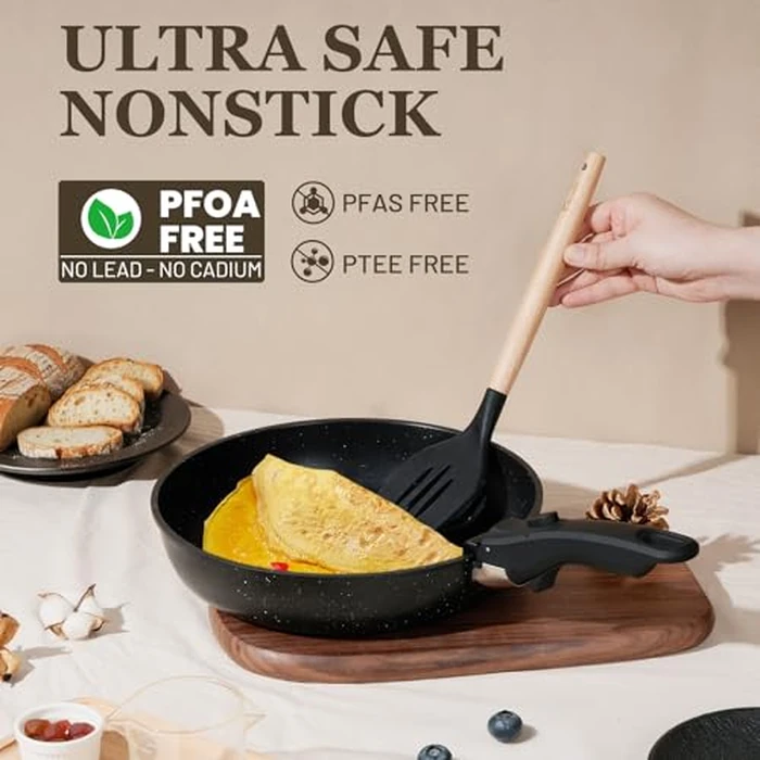 KIKCOIN 20 Pcs Pots and Pans Set Non Stick, Detachable Handle Cookware Sets Nonstick, Non Toxic Induction RV Kitchen Cooking Set with Removable Handles, Dishwasher/Oven Safe, Easy Clean (Black) by Kikcoin - Image 3