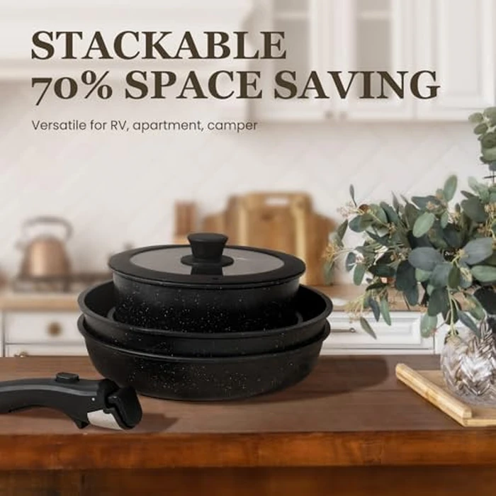 KIKCOIN 20 Pcs Pots and Pans Set Non Stick, Detachable Handle Cookware Sets Nonstick, Non Toxic Induction RV Kitchen Cooking Set with Removable Handles, Dishwasher/Oven Safe, Easy Clean (Black) by Kikcoin - Image 7