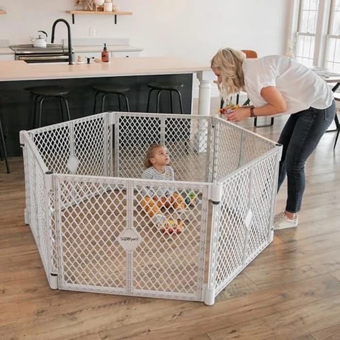 Toddleroo by North States - Superyard Baby Play Yard: Freestanding 6-Panel Baby Playpen - Indoor or Outdoor Use - Made in USA - Encloses Up to 18.5 Square Feet - 26 Inches Tall - Light Gray by Toddleroo by North States - Used - Very Good condition - US$57.60