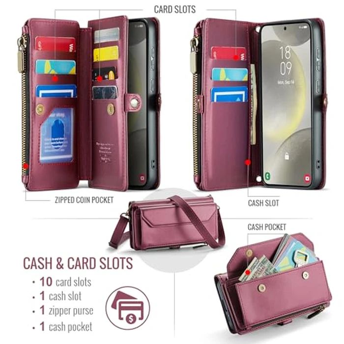 Asuwish Phone Case for Samsung Galaxy S24 Plus S24+ 5G Zipper Wallet Cover with Tempered Glass Screen Protector and Leather Flip RFID Blocking Card Holder Cell S24plus 24S + S 24 24+ Women Wine Red by Asuwish - Image 2