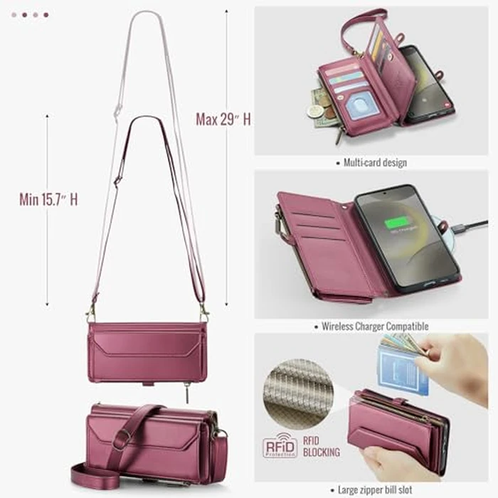 Asuwish Phone Case for Samsung Galaxy S24 Plus S24+ 5G Zipper Wallet Cover with Tempered Glass Screen Protector and Leather Flip RFID Blocking Card Holder Cell S24plus 24S + S 24 24+ Women Wine Red by Asuwish - Image 3