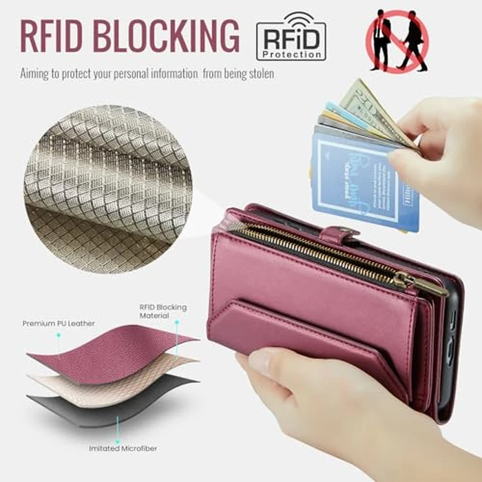 Asuwish Phone Case for Samsung Galaxy S24 Plus S24+ 5G Zipper Wallet Cover with Tempered Glass Screen Protector and Leather Flip RFID Blocking Card Holder Cell S24plus 24S + S 24 24+ Women Wine Red by Asuwish - Image 4