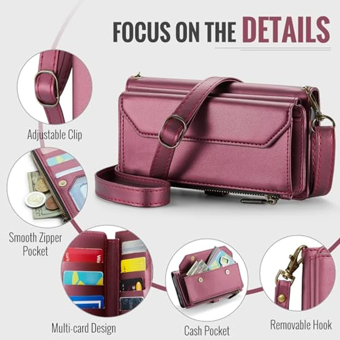 Asuwish Phone Case for Samsung Galaxy S24 Plus S24+ 5G Zipper Wallet Cover with Tempered Glass Screen Protector and Leather Flip RFID Blocking Card Holder Cell S24plus 24S + S 24 24+ Women Wine Red by Asuwish - Image 5