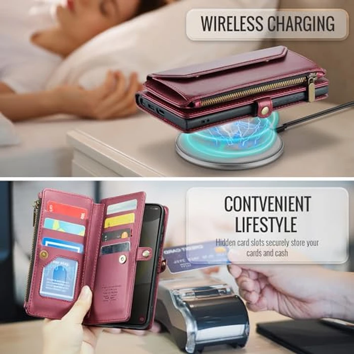 Asuwish Phone Case for Samsung Galaxy S24 Plus S24+ 5G Zipper Wallet Cover with Tempered Glass Screen Protector and Leather Flip RFID Blocking Card Holder Cell S24plus 24S + S 24 24+ Women Wine Red by Asuwish - Image 7