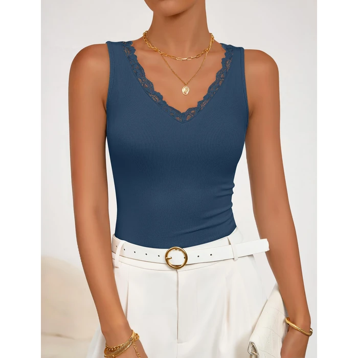 ZESICA Tank Tops for Women Summer Ribbed Knit V Neck Lace Trim Tanks Sleeveless Casual Going Out Cami Shirts 2026 Dustyblue Large by ZESICA - Image 3