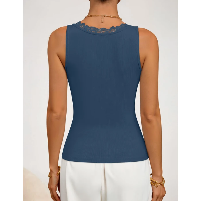ZESICA Tank Tops for Women Summer Ribbed Knit V Neck Lace Trim Tanks Sleeveless Casual Going Out Cami Shirts 2026 Dustyblue Large by ZESICA - Image 5