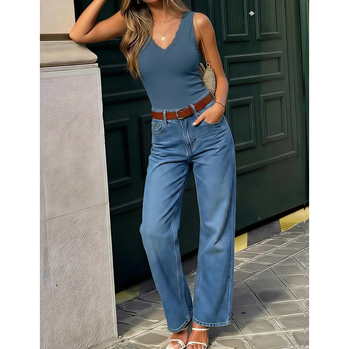 ZESICA Tank Tops for Women Summer Ribbed Knit V Neck Lace Trim Tanks Sleeveless Casual Going Out Cami Shirts 2026 Dustyblue Large by ZESICA - Image 7