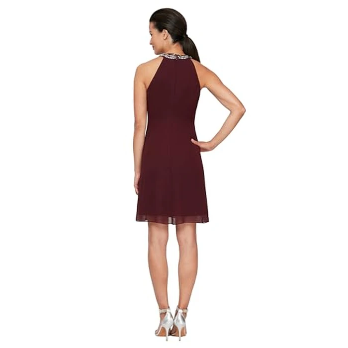 S.L. Fashions Women's Jewel Halter Neckline Cocktail Dress, Wedding Guest, Perfect Party Dress,(Petite and Regular Sizes), Fig, 6 by S.L. Fashions - Image 2