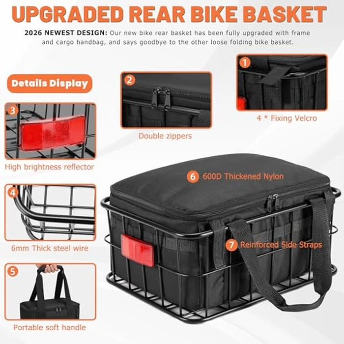 CDYWD Bike Basket Rear for Men Women, Large Bicycle Rack Basket for Adult Bikes with Removable Liner Bag & Waterproof Cover, Heavy Metal Back Cargo Basket for Ebike, Mountain Bike, City Bike, Cruiser by CDYWD - Image 4