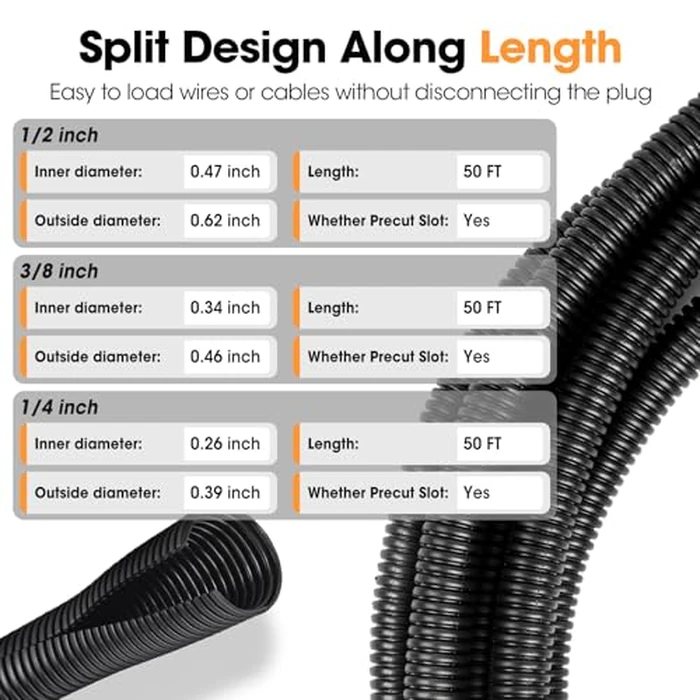 Wire Loom 1/4", 1/2", 3/8 Inch x 50 FT, Split Wire Loom Tubing Wire Conduit, Cable Sleeves Bulk Flexible Electrical Conduit Protective kit by YesBes - Image 3