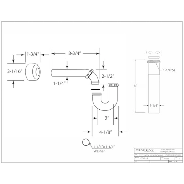 Westbrass CO401-8-05 1-1/4" Brass Bathroom Sink P-Trap with 8" Slip Joint Extension Tube, Polished Nickel by Westbrass - Image 8
