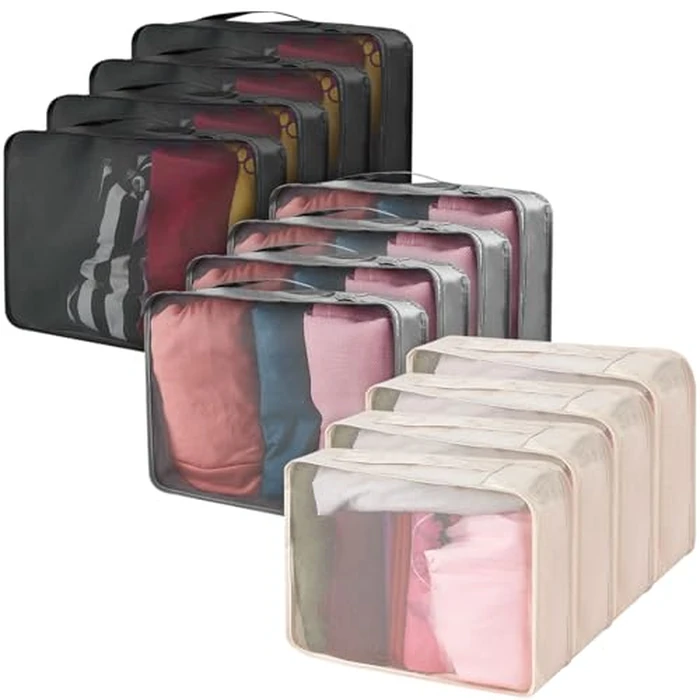 Silkfly 12 Pcs Packing Cubes for Suitcase Travel Luggage Bags Bulk Mesh Organizer Set for Hiking Camping Backpacking Clothes Accessories(Black,Gray,Beige) by Silkfly - Used - Like New condition