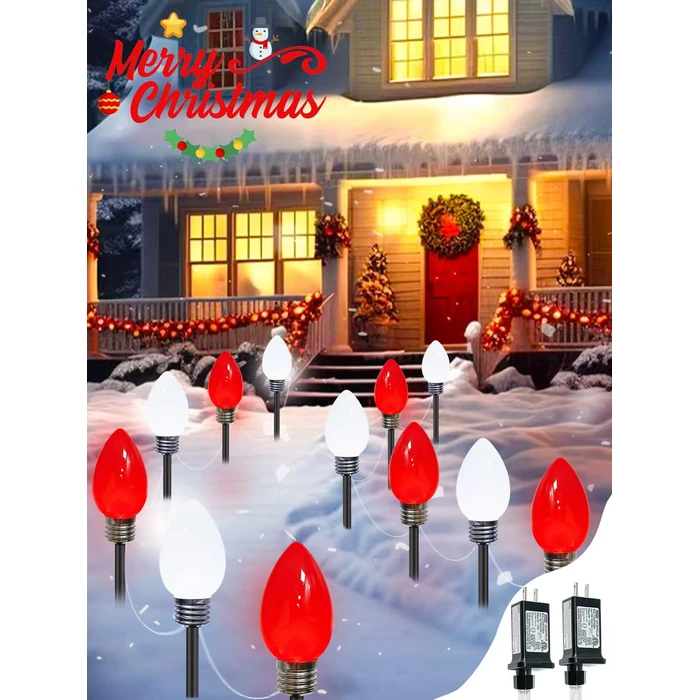 12 Pack Large C9 Christmas Decorations Outdoor, Waterproof C9 Christmas Lights Plug in with 2 Modes and Timer, Pathway Light for Party Indoor Yard Patio Walkway Garden Xmas Decoration (Red and White) by EXF - Image 1