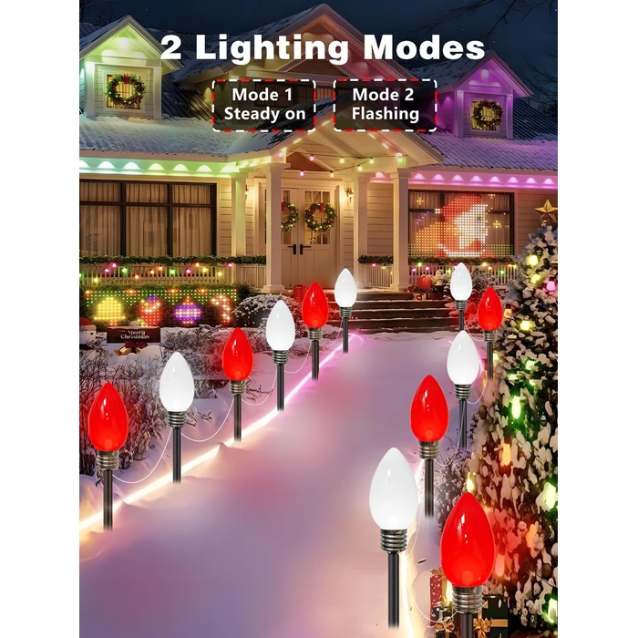 12 Pack Large C9 Christmas Decorations Outdoor, Waterproof C9 Christmas Lights Plug in with 2 Modes and Timer, Pathway Light for Party Indoor Yard Patio Walkway Garden Xmas Decoration (Red and White) by EXF - Image 4