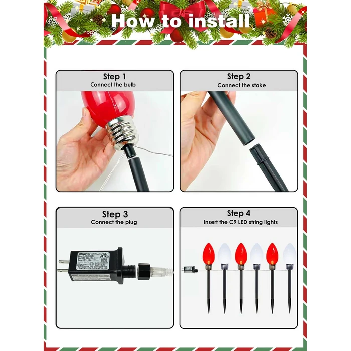 12 Pack Large C9 Christmas Decorations Outdoor, Waterproof C9 Christmas Lights Plug in with 2 Modes and Timer, Pathway Light for Party Indoor Yard Patio Walkway Garden Xmas Decoration (Red and White) by EXF - Image 9