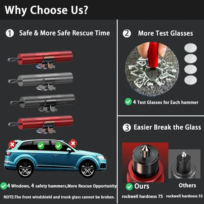 4 Pack 2026 Upgraded Safety Hammer,Safe Hammer Glass Breaker Under Water,Seatbelt Cutter Window Breaker Emergency Escape Tool,Seat Belt Cutter and Glass Breaker for Cars by Generic - Image 4